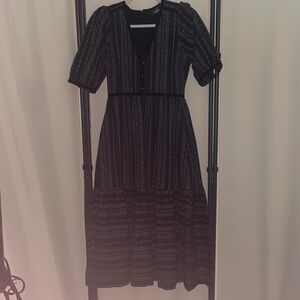 Black Striped Button-Front Tiered Midi Dress